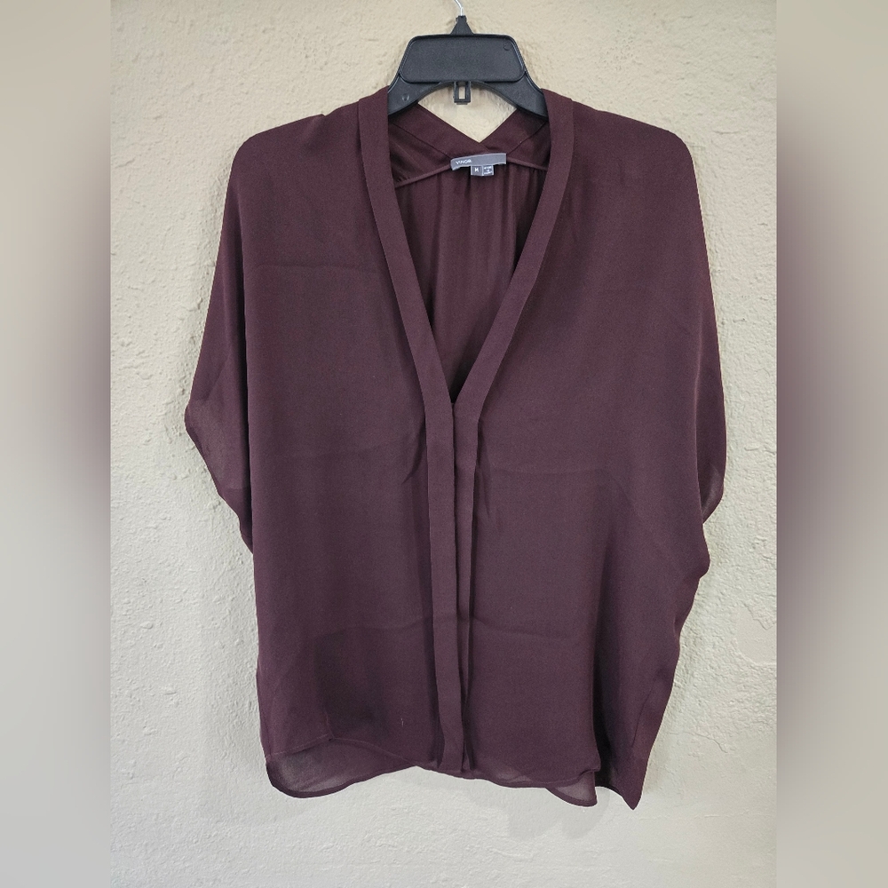 VINCE Cap Sleeve, Button Front Short Sleeve Silk Blouse, Burgundy, Size Medium